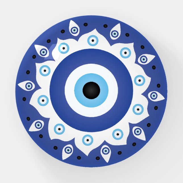 Mandala Greek Evil Eye Blue White Paperweight (Front)
