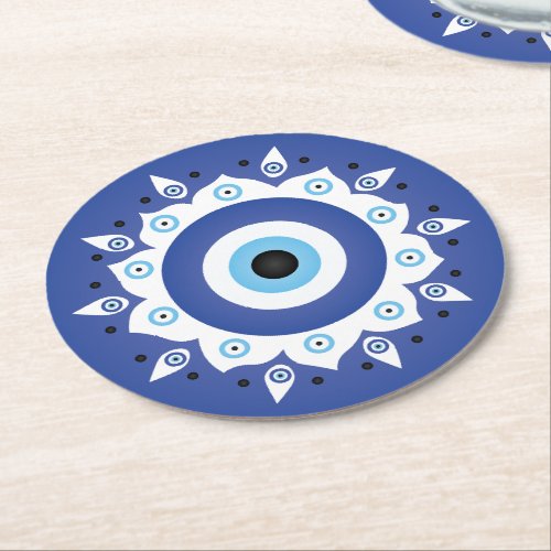 Mandala Greek Evil Eye Blue White Round Paper Coaster