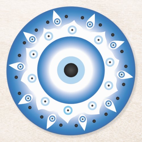 Mandala Greek Evil Eye Blue White Round Paper Coaster