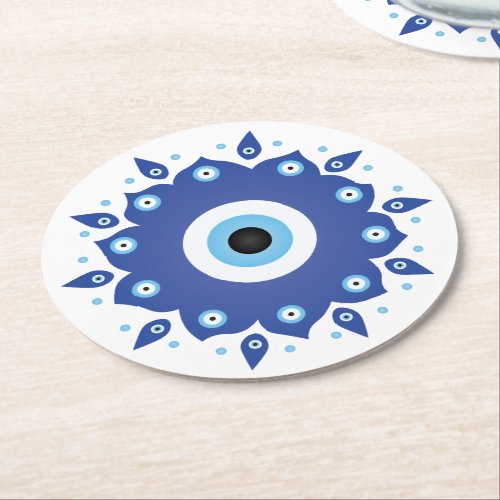 Mandala Greek Evil Eye Blue White Round Paper Coaster