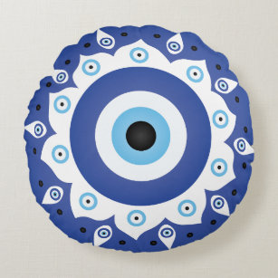 Mandala Greek Evil Eye Blue White Round Pillow