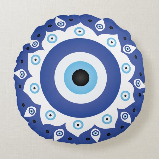 Mandala Greek Evil Eye Blue White Round Pillow (Front)