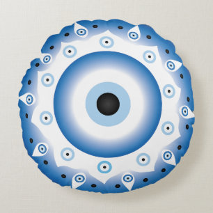 Mandala Greek Evil Eye Blue White Round Pillow