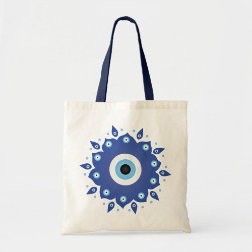 Mandala Greek Evil Eye Blue White Tote Bag