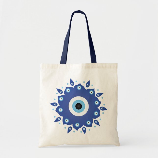 Mandala Greek Evil Eye Blue White Tote Bag (Front)
