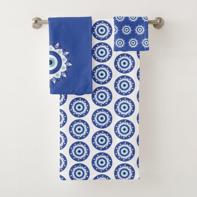 Mandala Greek Evil Eye Pattern Blue White Bath Towel Set (Insitu)
