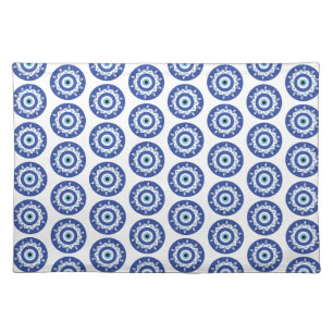 Mandala Greek Evil Eye Pattern Blue White Cloth Placemat