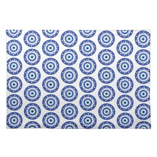 Mandala Greek Evil Eye Pattern Blue White Cloth Placemat (Front)