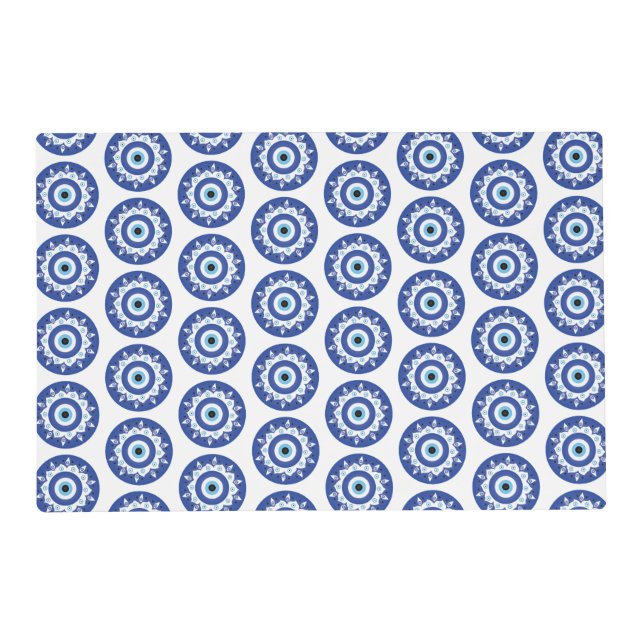 Mandala Greek Evil Eye Pattern Blue White Placemat (Front)