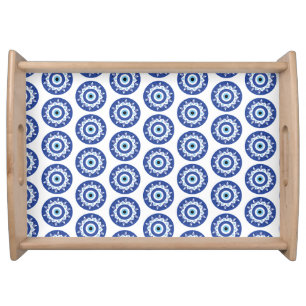 Mandala Greek Evil Eye Pattern Blue White Serving Tray