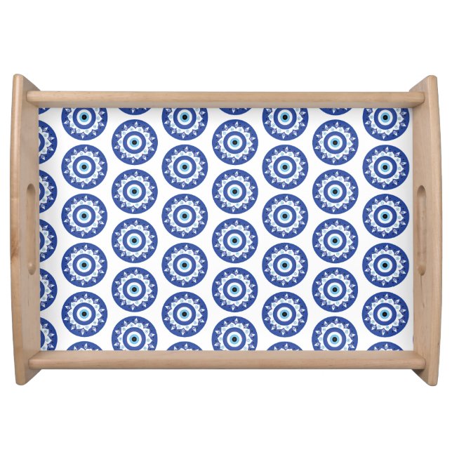 Mandala Greek Evil Eye Pattern Blue White Serving Tray (Front)