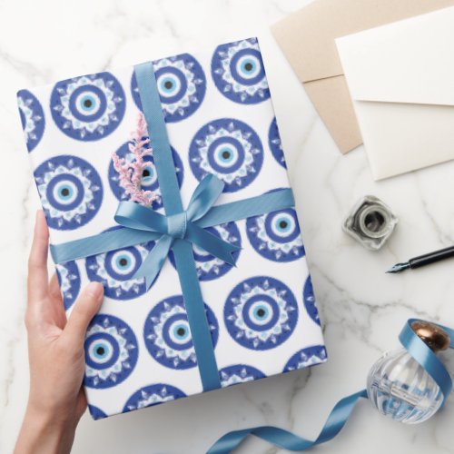 Mandala Greek Evil Eye Pattern Blue White Wrapping Paper