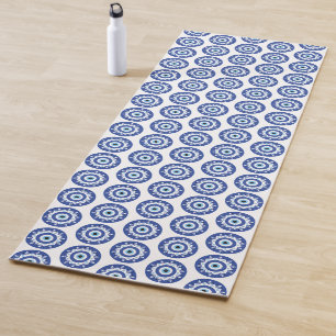Mandala Greek Evil Eye Pattern Blue White Yoga Mat