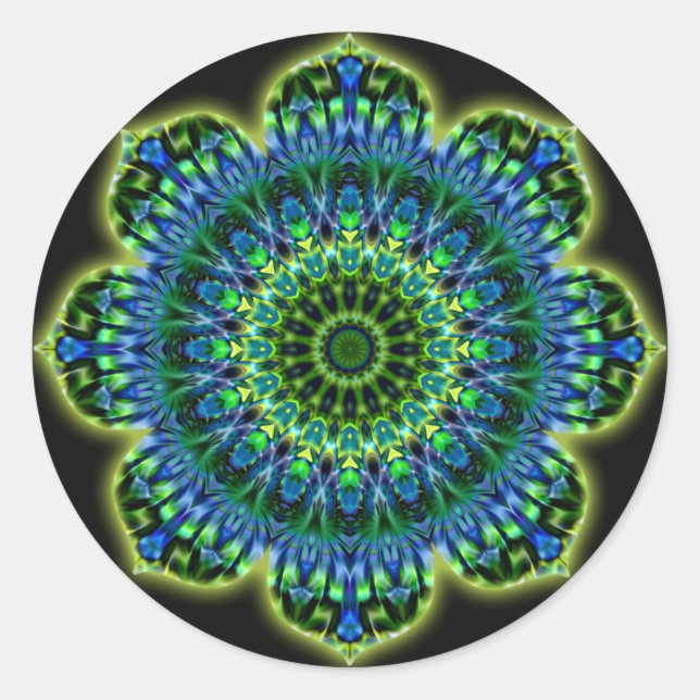 Mandala green blue | black classic round sticker (Front)