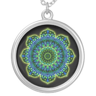 Mandala green blue black silver plated necklace