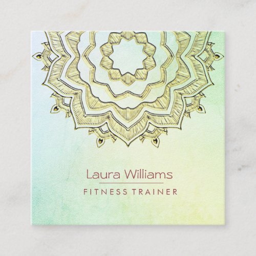 Mandala  Green Lotus Flower Gold Yoga Instructor Square Business Card