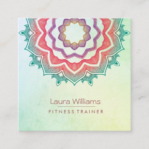 Mandala  Green Lotus Flower Gold Yoga Instructor Square Business Card