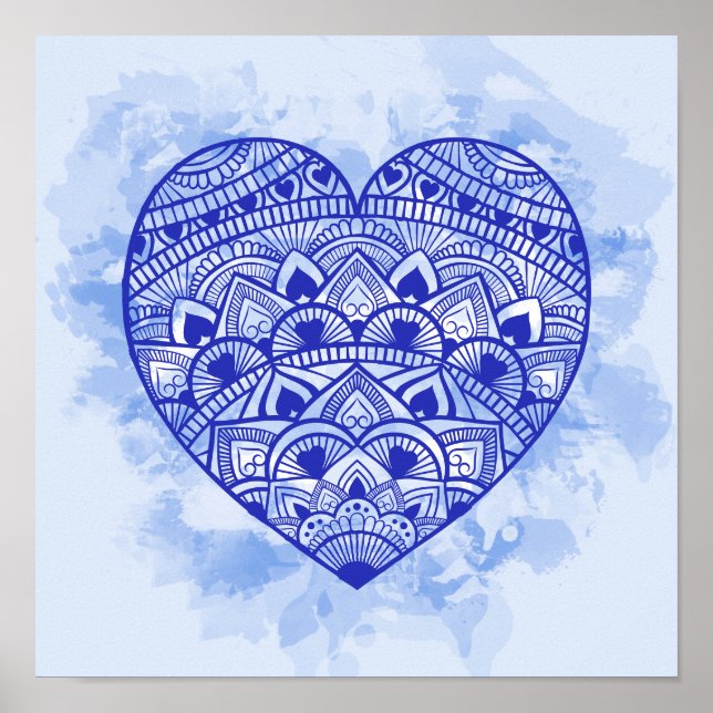 Mandala Heart Blue Watercolor Print (Front)