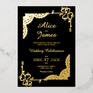 Mandala Heart Frame Luxury Black Gold Foil Wedding Invitation