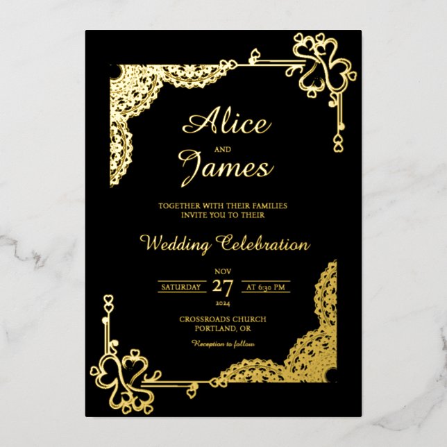 Mandala Heart Frame Luxury Black Gold Foil Wedding Invitation (Front)