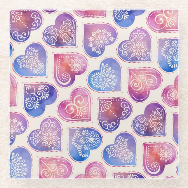Mandala Hearts Pattern Glass Coaster (Front)