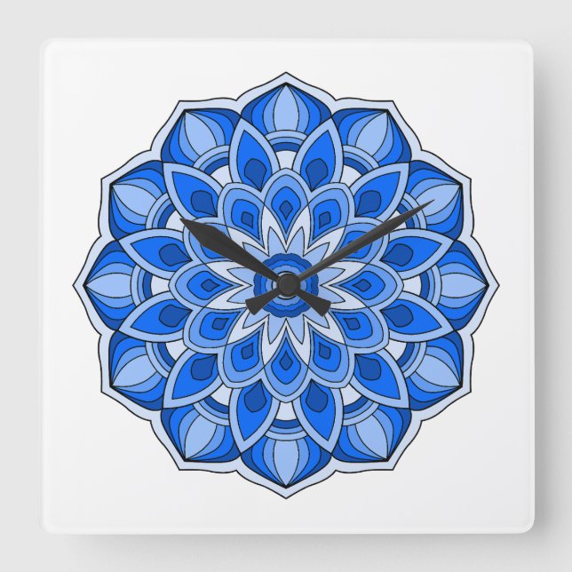 Mandala in blue square wall clock (Front)