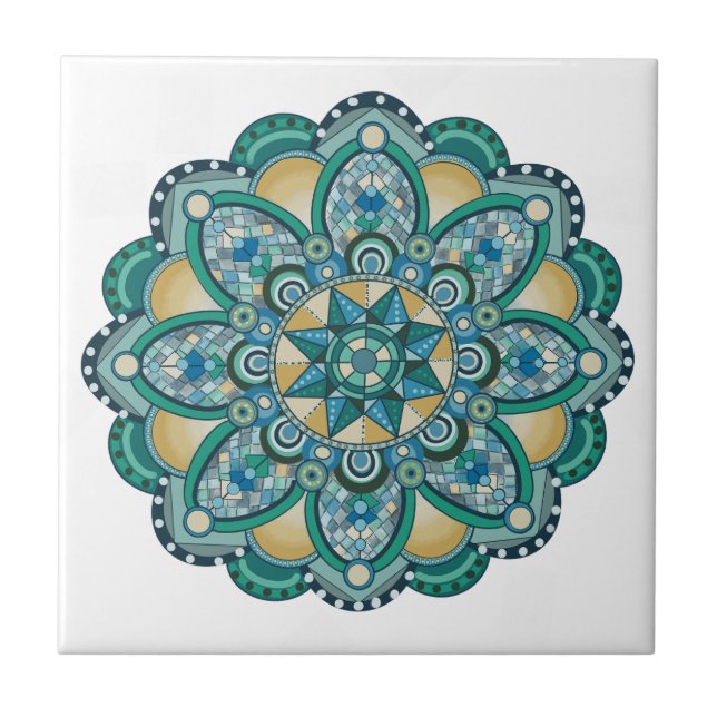 Mandala in blues, greens, and gold ceramic tile (Front)