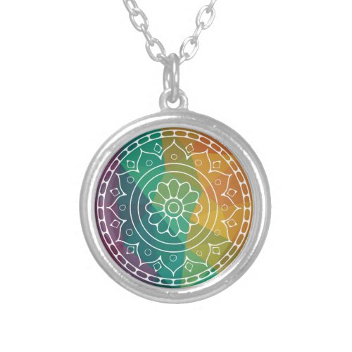 Mandala india flower rainbow boho colorful chic silver plated necklace