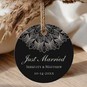 Mandala Indian Boho Black Just Married Wedding Favor Tags