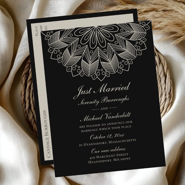 Mandala Indian Boho Black Just Married Wedding Invitation Postcard (Creator Uploaded)