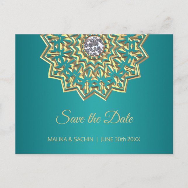 Mandala Indian Teal Blue Wedding SAVE THE DATE Announcement Postcard (Front)