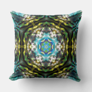 Mandala inside hexagon old green hammered metal throw pillow