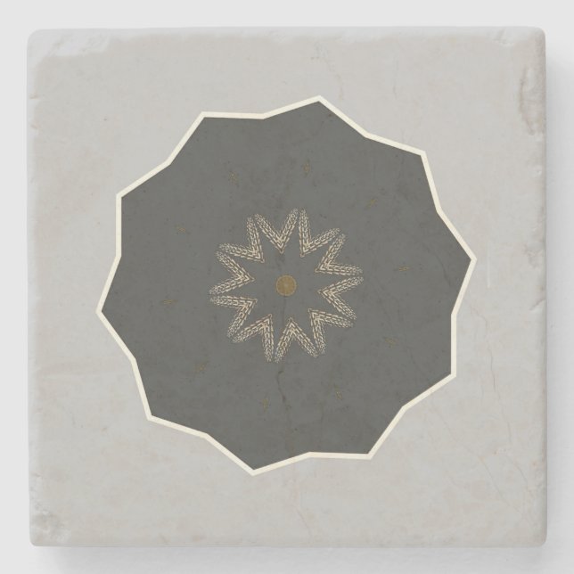 Mandala Kaleidoscope Black on Gray Stone Coaster (Front)