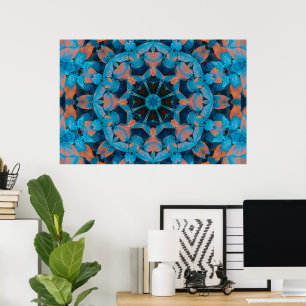 Mandala Kaleidoscope Design in Blue & Peach Poster