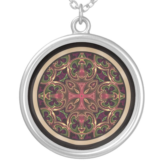 Mandala, Kaleidoscopic Cross Abstract Silver Plated Necklace (Front)