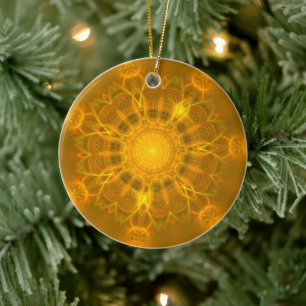 Mandala Lace Lines Warm Glow Yellow Background Ceramic Ornament