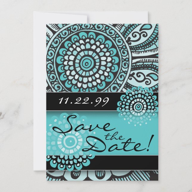 Mandala Lace Turquoise Black Save the Date Wedding (Front)
