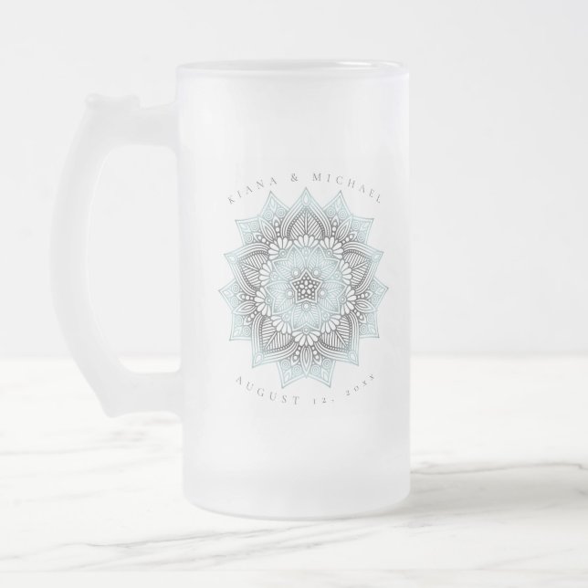 Mandala Lace Wedding Lt. Blue ID968  Frosted Glass Beer Mug (Left)