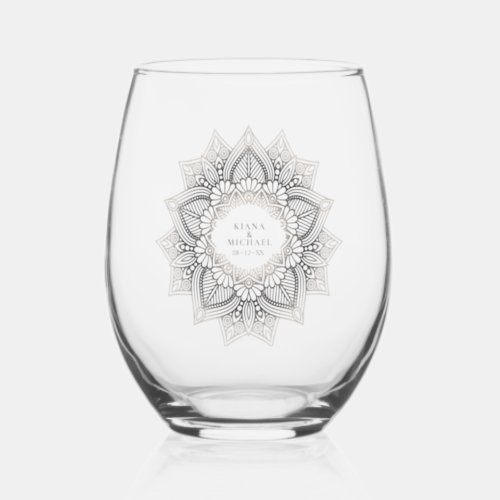 Mandala Lace Wedding Neutrals ID478 Stemless Wine Glass