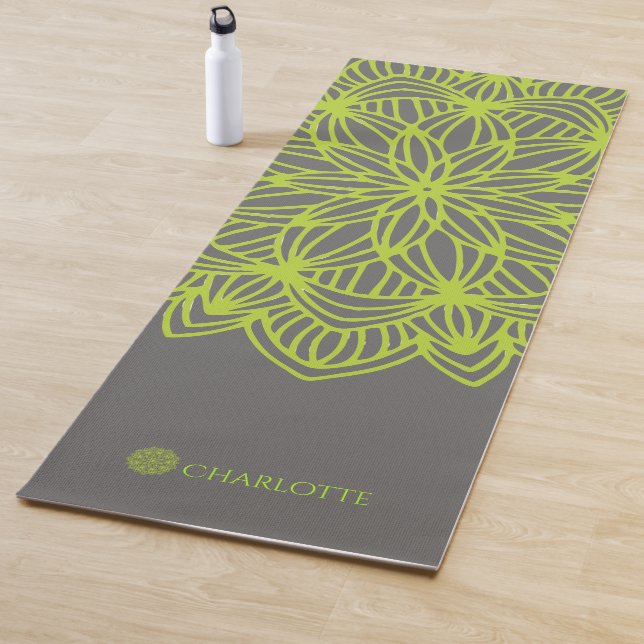 Mandala Lime Green Grey Personalized (1 sided) Yoga Mat (In Situ)