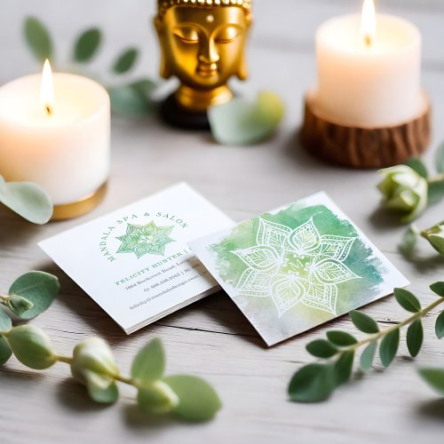 Mandala Lotus Flower Logo  Aqua Green Watercolor Square Business Card