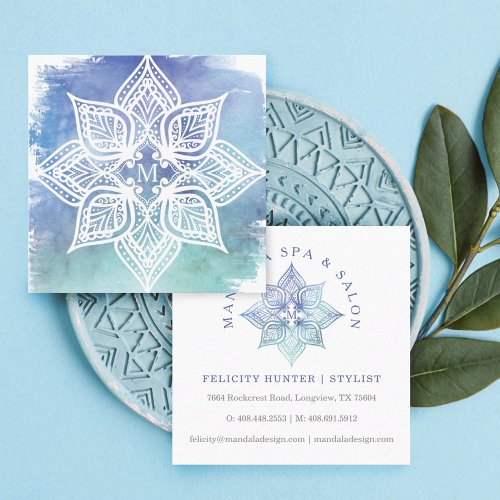 Mandala Lotus Flower Logo  Blue Teal Watercolor Square Business Card