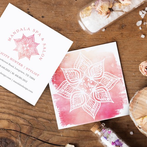 Mandala Lotus Flower Logo  Blush Pink Watercolor Square Business Card