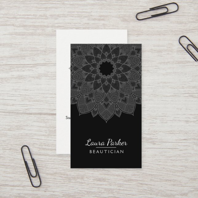 Mandala Lotus Flower Yoga Black White Clean Business Card (Front/Back In Situ)