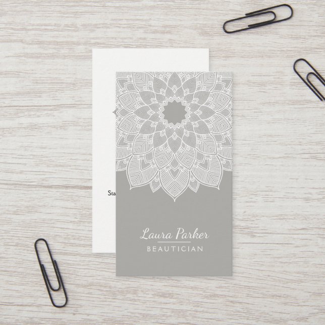 Mandala Lotus Flower Yoga Gray White Clean Business Card (Front/Back In Situ)