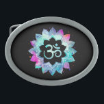 *~* Mandala Lotus OM  AUM Symbol Watercolor Belt Buckle<br><div class="desc">* An OM AUM Symbol Lotus Watercolor Mandala on a black background oval shape belt buckle.* Note: You can customize the text. Here for you is a strikingly beautiful new age metaphysically spiritually inclined eye-catching design likely to inspire meditation and calm contemplation. It can make a perfect gift for friends...</div>