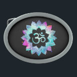 *~* Mandala Lotus OM  AUM Symbol Watercolor Belt Buckle<br><div class="desc">* An OM AUM Symbol Lotus Watercolor Mandala on a black background oval shape belt buckle.* Note: You can customize the text. Here for you is a strikingly beautiful new age metaphysically spiritually inclined eye-catching design likely to inspire meditation and calm contemplation. It can make a perfect gift for friends...</div>