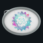 *~* Mandala Lotus OM  AUM Symbol Watercolor Belt Buckle<br><div class="desc">* An OM AUM Symbol Lotus Watercolor Mandala on a white background oval shape belt buckle. The mandala colors are turquoise, purples blues and pinks* Note: You can customize the text. Here for you is a strikingly beautiful new age metaphysically spiritually inclined eye-catching design likely to inspire meditation and calm...</div>