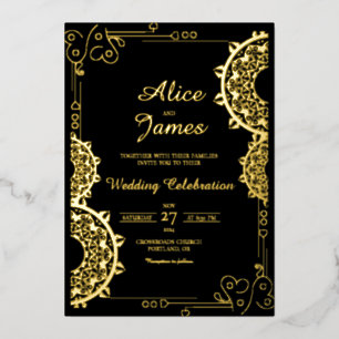 Mandala Luxury Black Gold Foil Indian Wedding Invitation
