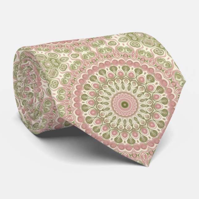Mandala Medallion in Rose Pink and Olive Green Neck Tie (Rolled)